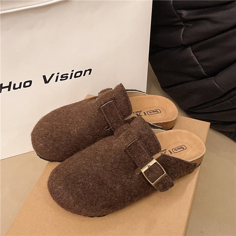 Platform-soled Birkenstock Shoes, Woolen Bag Head, Half Slippers, Women's Outer Wear 2025 Spring and Autumn New Belt Buckle Slippers