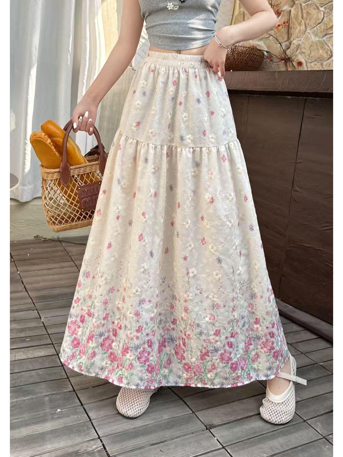 Women s Summer Floral Patchwork Midi Skirt: French Countryside A-line, High Waist, Korean Style One Size розовый