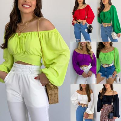 Sommer neuer Stil Nabel Laternenärmel Ein-Wort-Kragen sexy Schnürung Damen Puffärmel Hemd SH380