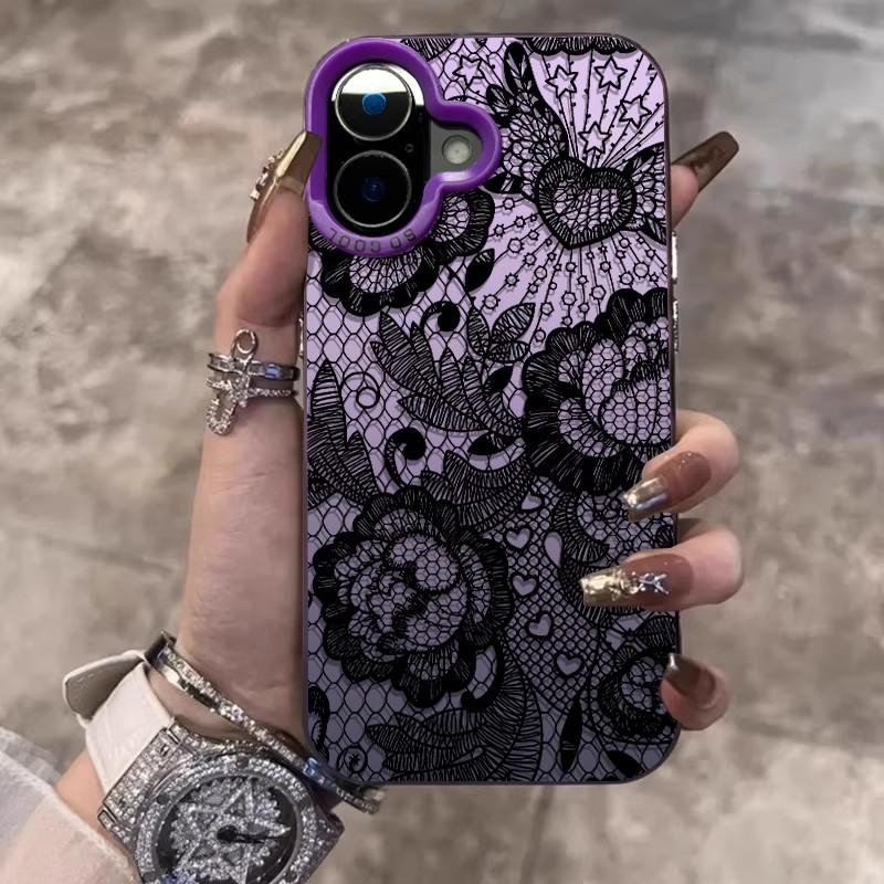 Black Lace Pattern Phone Case For iPhone 17 16e 16 15 14 mini Pro Max X XR XSMAX 8 7 Air Plus Anti Fall Matte Cover