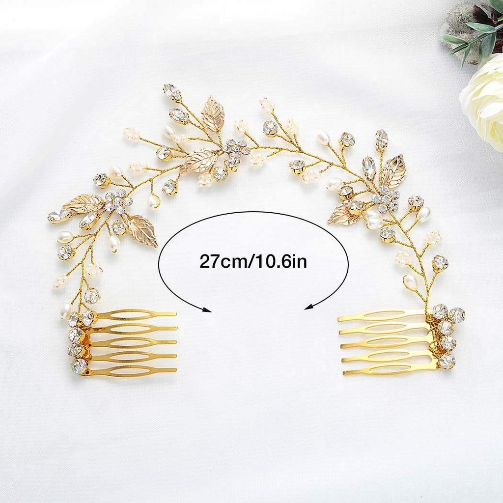 Gorais Crystal Bride Wedding Hair Combs Gold Leaf Bridal Hair Pieces Pearl Hair Accessories for Women and Girls (A-Gold) (A-Gold)