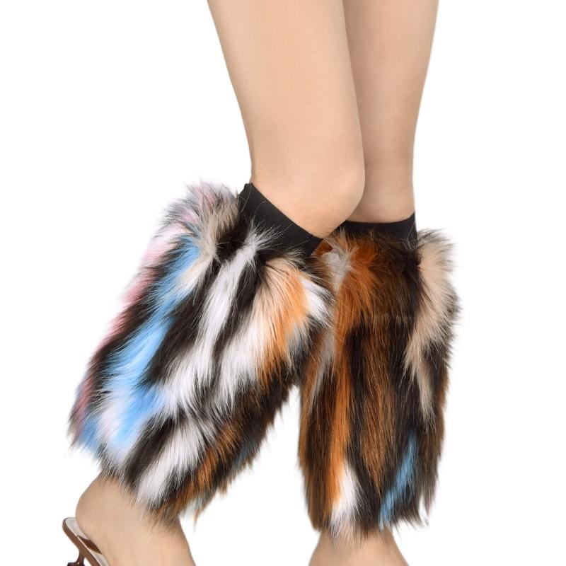 Womens Rainbow Colorful Furry Leg Warmers Autumn Winter Vintage Faux Fur Plush Boot Covers Cuffs Hipster Warm Socks