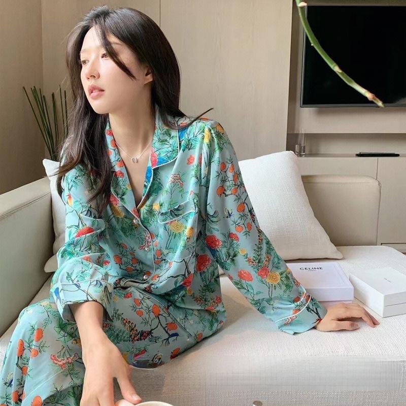 High-End Pajamas Women'S Spring And Summer New Long-Sleeved Trousers Style High-Value Ice Silk Loungewear Set
