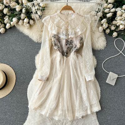 Francuska Retro Pałacowa Koronkowa Żakardowa Patchworkowa Sukienka Długie Rękawy Ruffles Damskie Eleganckie Sukienki Wieczorowe