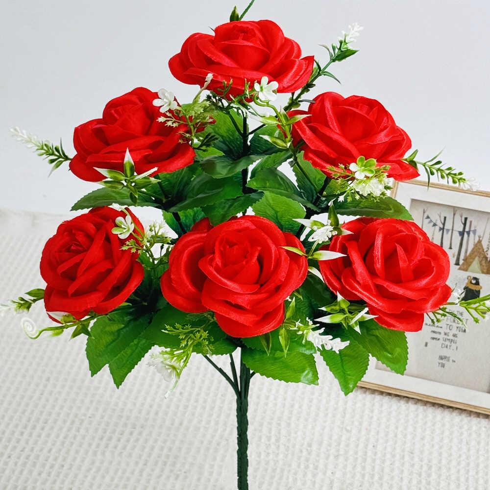 Curly Edge Red Rose Bouquet - 6 Head Artificial Silk Flowers for Living Room Decoration