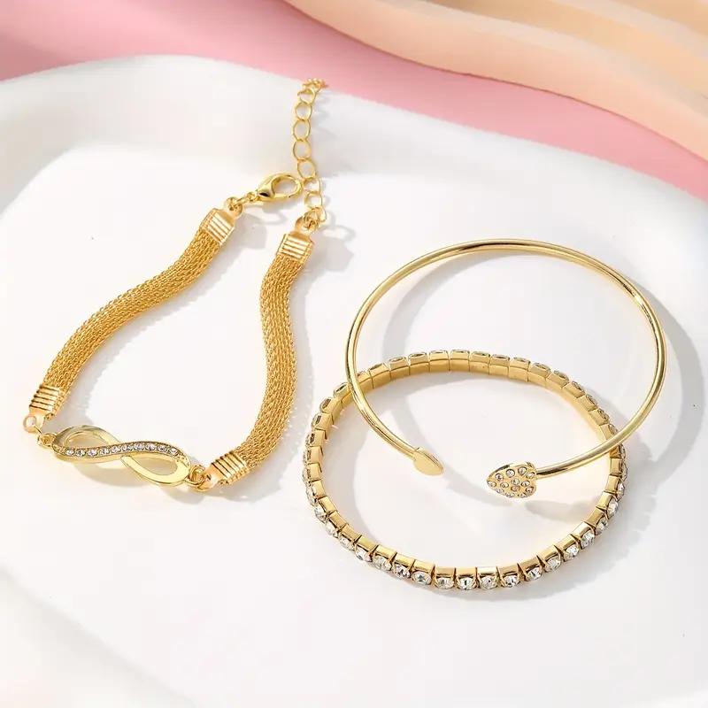 

3pcs/Set Vintage Crystal Rhinestone Heart Bracelets for Women Fashion Geometric Adjustable Infinity Cuff Bangle Jewelry Gifts золотой