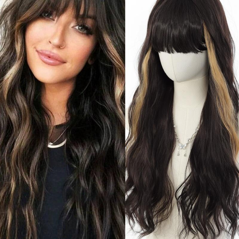Hot Bangs Wig Long Wavy Hair Straight Bangs Wig Long Curly Hair Highlighted Hair Elegant and Fashionable Full Head Wig (as the picture,70CM)