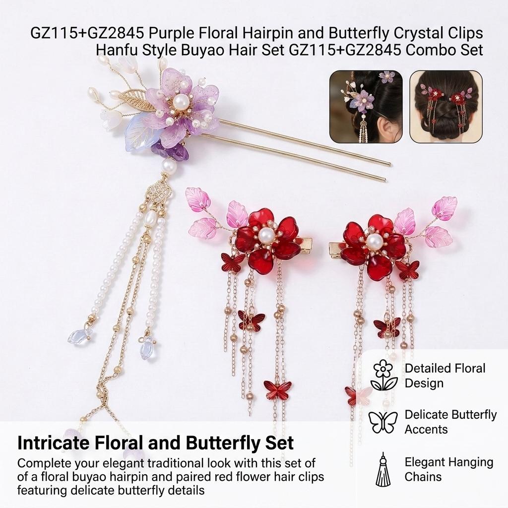 Flower Hairpin With Butterfly Crystal Hair Clip Set Traditional Chinese Style Elegant Ornament For Hanfu Wedding And Festival