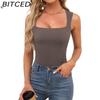 BITCED Women's Summer Square Neck Sleeveless Double-Layer Tank Top Basic Fitted T-Shirt