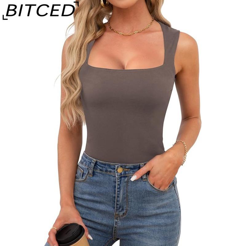 BITCED Women's Summer Square Neck Sleeveless Double-Layer Tank Top Basic Fitted T-Shirt
