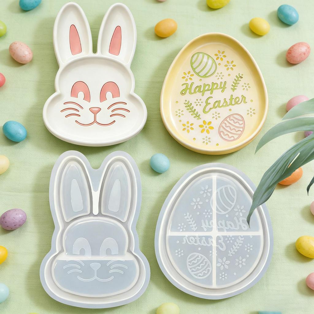 Resin Tray Molds 2 Pieces Easter Ornaments Epoxy Art Craft Rabbit Egg Shaped Trinket Tray Mold for Holiday Wedding Party Table