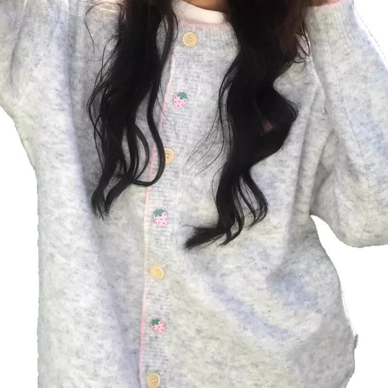 College Style Knitted Cardigan Women's Autumn and Winter New Fun Buttons Lazy Style Soft Waxy Sweater Jacket Loose Top