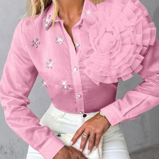 Women Shirt Lapel Long Sleeve Single Breasted Shirt Three-Dimensional Tops Solid Color Rhinestones Flowers Decor Shirt