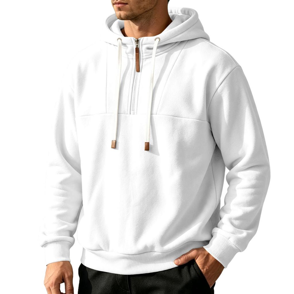 Herrtröja med halv dragkedja och huva, med dubbelsydda paneler, långärmad, lös passform, pullover