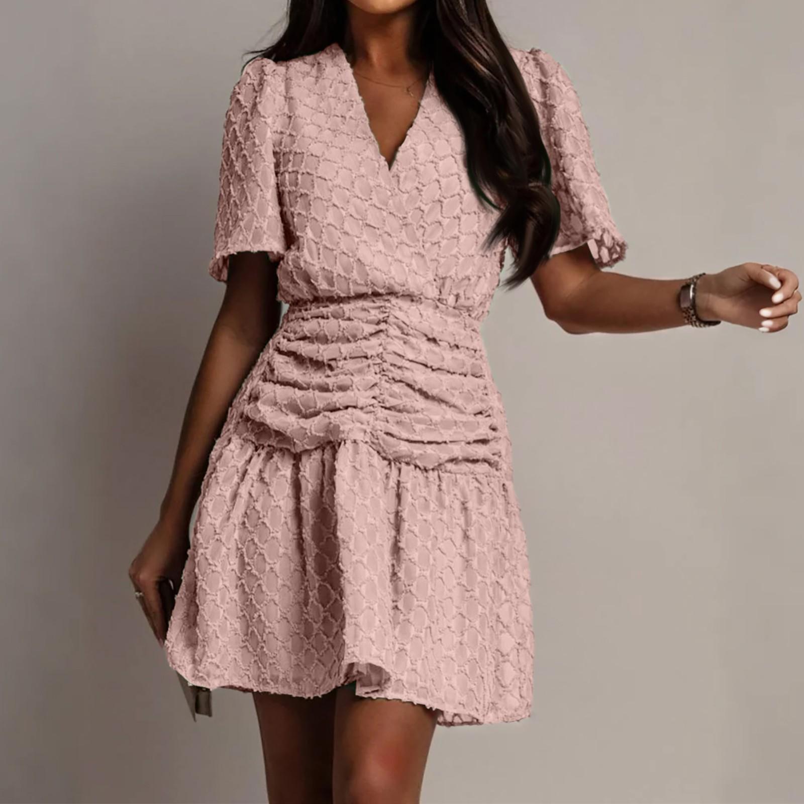 

Женское летнее свободное удобное повседневное модное однотонное платье с V-образным вырезом, приталенное, с короткими рукавами, в клетку, с плиссировкой XL розовый