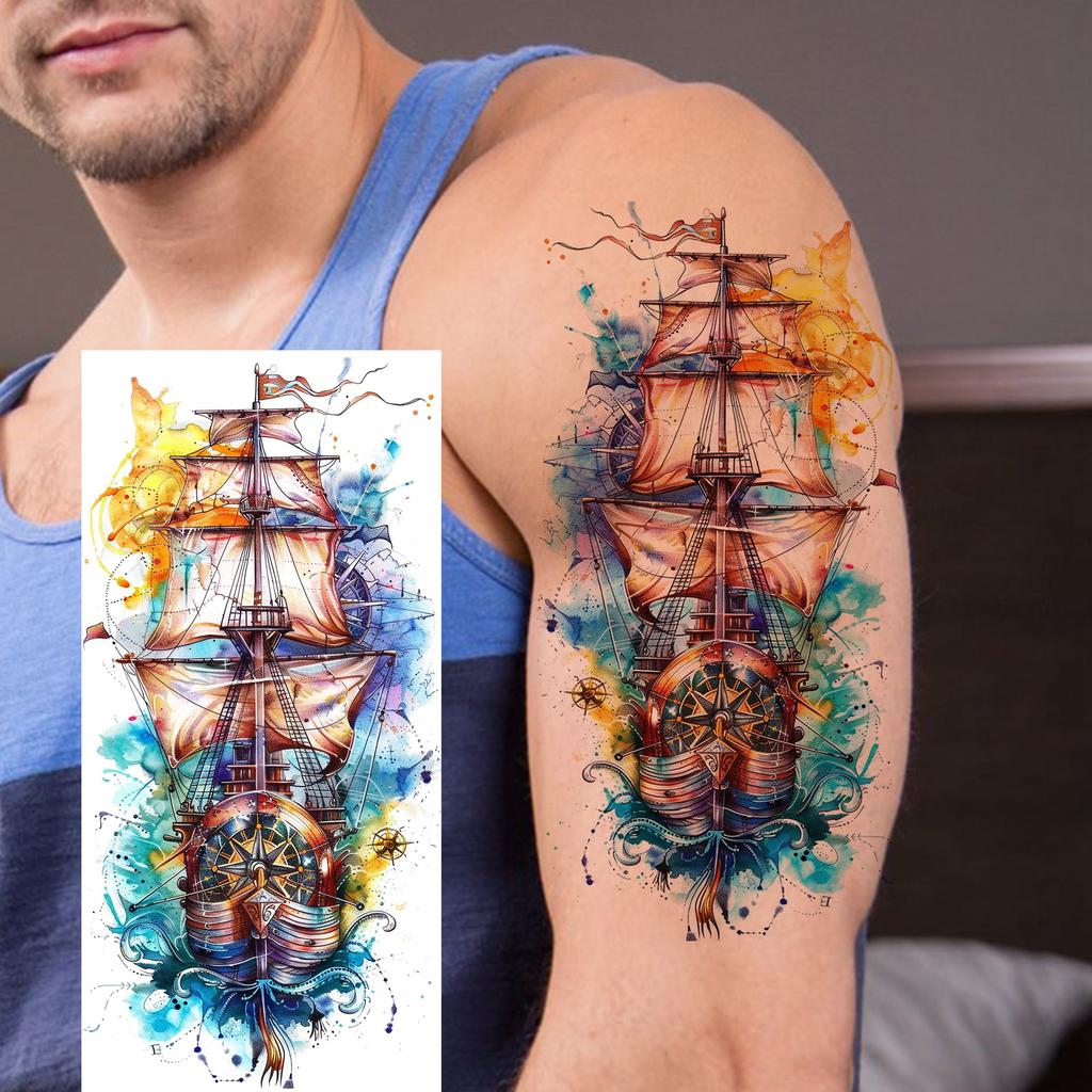 1 Foglio Impermeabile Nave Pirata Vela Tatuaggi Temporanei Per Uomo Donna Bussola Realistica Orologio Tatuaggio Finto Adesivo Lunga Durata