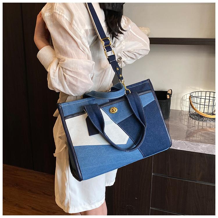Denim Handbag Bag Women's New Fashion Contrasting Color Splicing Shoulder Messenger Bag Commuter Casual Tote Bag