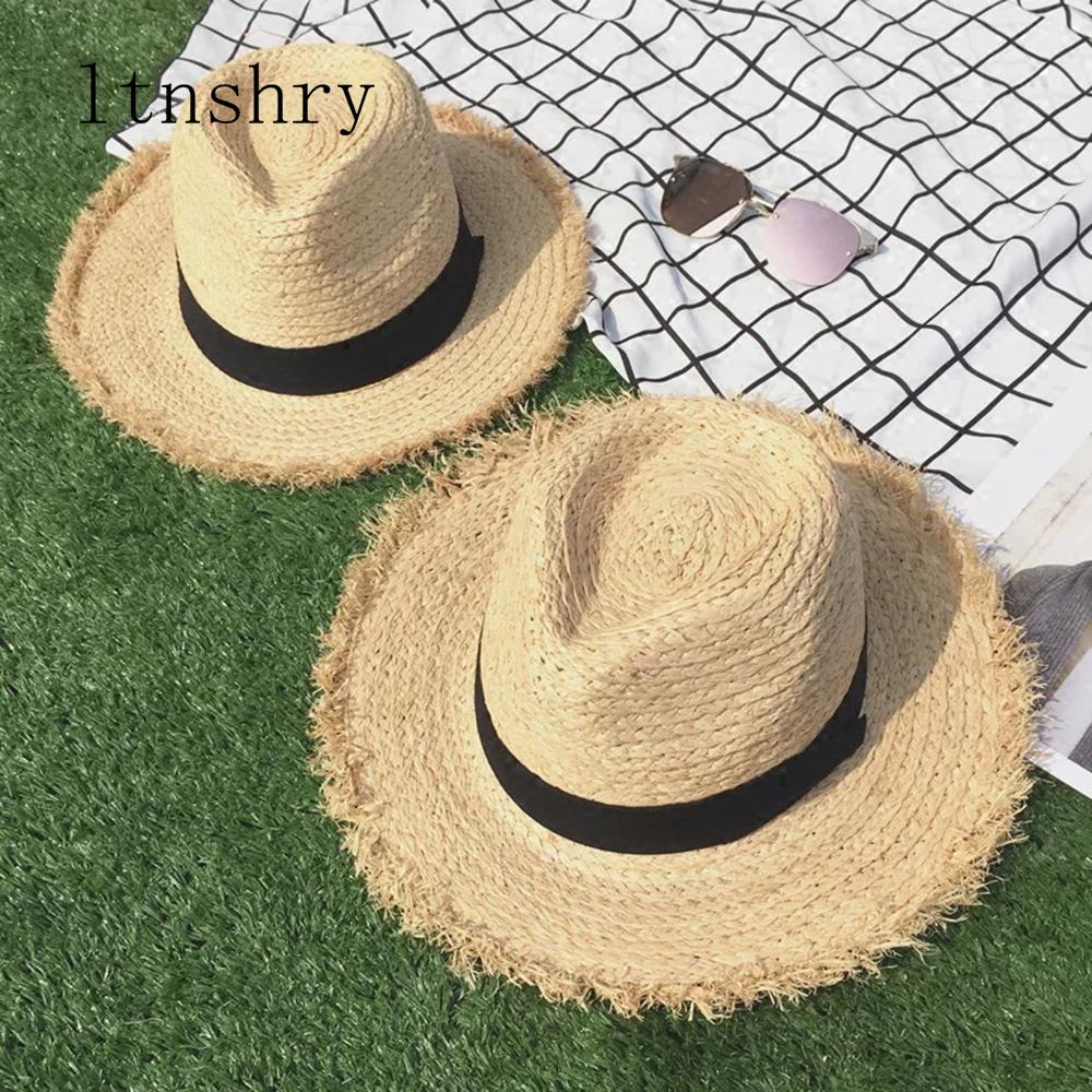 Neuer Raffia-Sonnenhut mit breiter Krempe für Damen Herren Netz-Jazzkappe Panama-Schlapphut Sommer-Strohhut Kurzer blauer Gürtel Strandhut