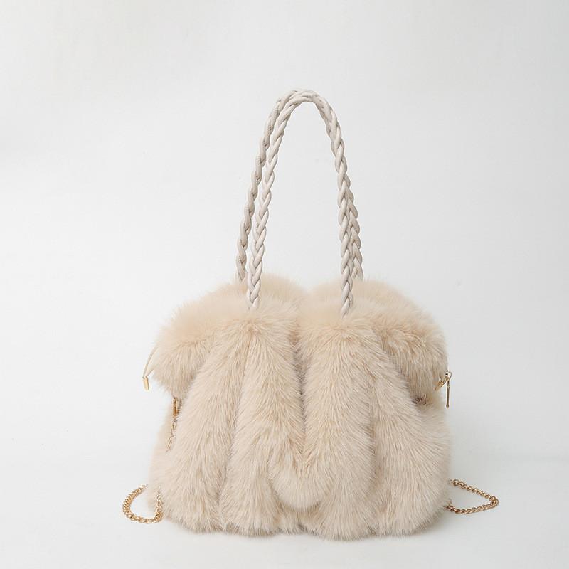 Ielgy Autumn Winter Plush Bag Pleated Portable Shoulder Large Capacity Cross-body Tote Plush Bag