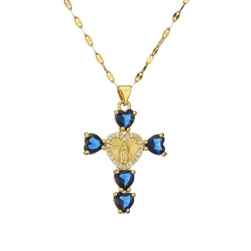 Gold-Plated Multi-Color Zirconia Cross Necklace with Full Diamond Design