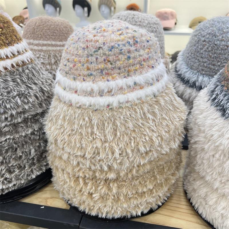 Plush bucket hat women's autumn and winter versatile face small European bucket hat thickened warm knitted basin hat winter