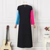 Women Big Size Round Neck Long Sleeve Color Block Dresses