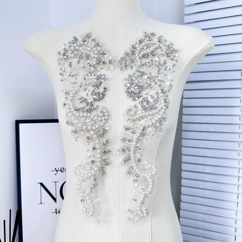 1 Pair Net-silk Pearl Sequin Embroidered Fabric Patches Decorative Accessories for DIY Wedding Dress Formal Dress Skirts