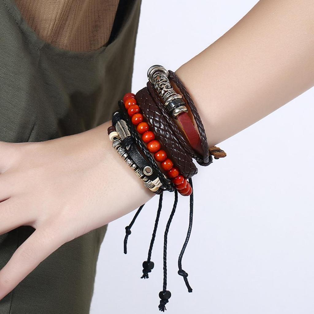 4 Pcs Retro Punk Men Beads Faux Leather Braid Multi Layers Adjustable Bracelets
