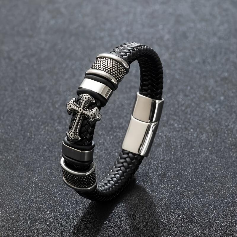 1Bohemian faux leather men's bracelet Vintage Stainless Steel Engraved Cross Holiday Bracelet Unique religious faith bracelet Fashion Jewelry