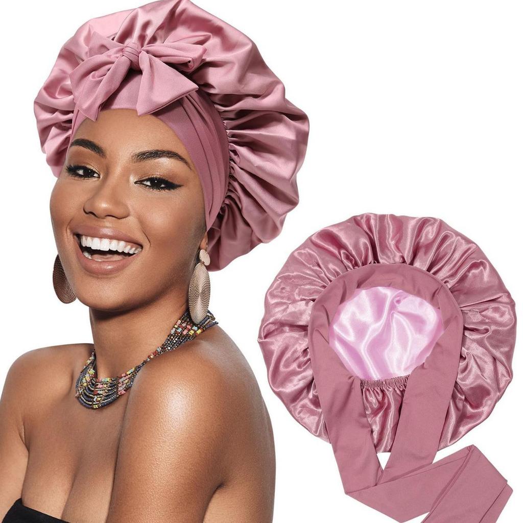Women's Reversible Double-Layer Satin Nightcap with Ribbon - High Elasticity Round Hat for Hair Protection