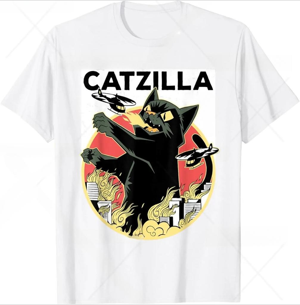 Funny Cartoon Comic Style Japanese Art Catzilla Cat Gifts for Women TShirt Unisex Cotton Oneck Tee Top Fashion Fitness T Shirt