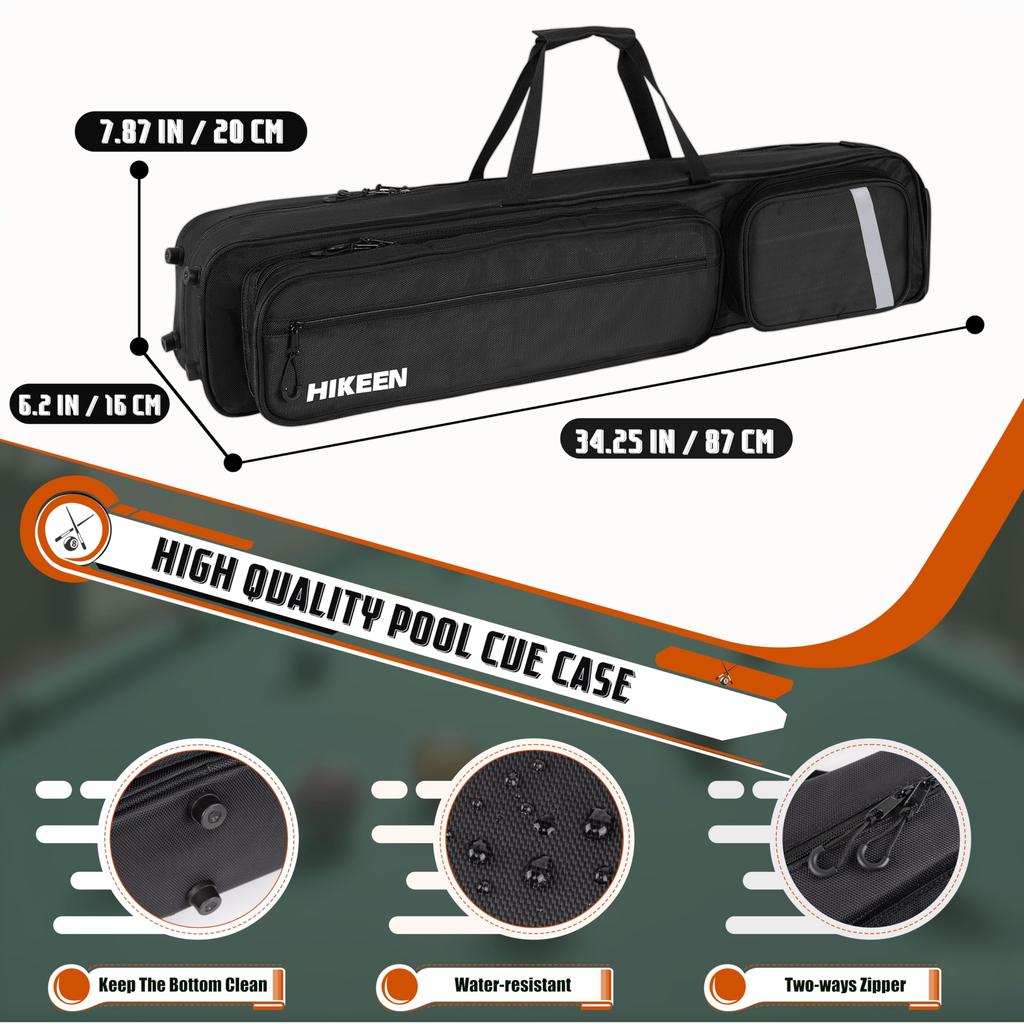 Hikeen Hard Pool Cue Case, 4x4 Capacity, Soft Velvet Lining, Adjustable Shoulder Strap, Compatible with Billiard Accessories
