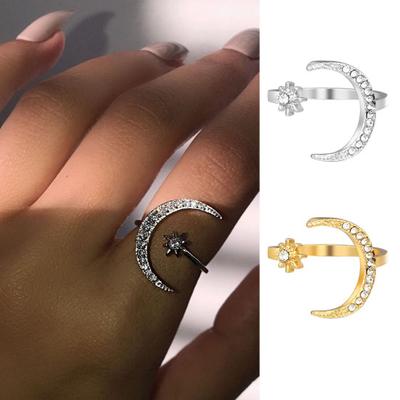 Women Open Ring Moon Shape Prom Rhinestone Adjustable Ring Star Party Lady Knuckle Ring