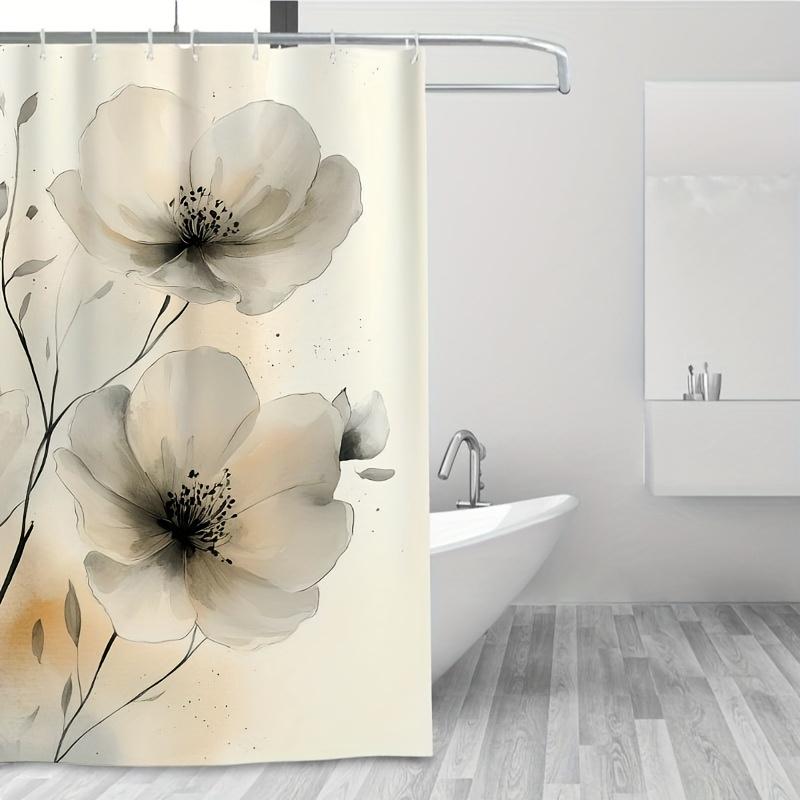 Floral Shower Curtain - Soft Pastel Flower Design With Ink Lines, Easy To Clean | Perfect For Bathroom & Bathtub Decor