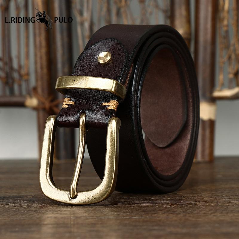 Ceinture en Cuir Véritable Cuir de Vachette Grain Supérieur Lavé Rétro pour Homme avec Boucle en Laiton, Nouvelle Ceinture Tendance Style Coréen