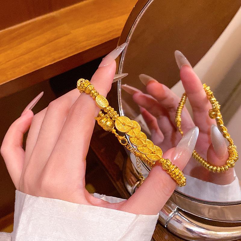 Brushed Gourd Coin Pendant Bracelet for Women Exquisite Retro Gold-Color Bead Bracelet Chinese Style Versatile Jewelry Gift 2025