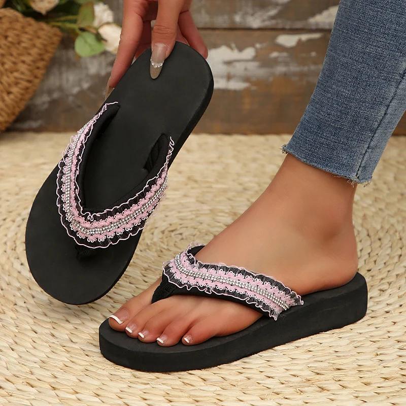 Fashion Lace Pleated Decor Low Heel Slippers Women Summer Wedges Thick Bottom Flip Flops for Woman Comfort Non-Slip Slides Mujer