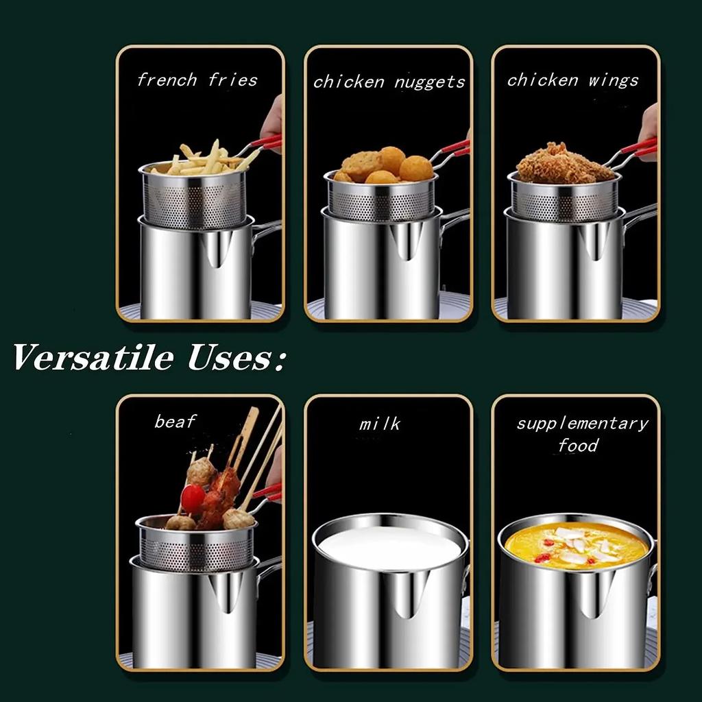 Stainless Steel Deep Fryer with Basket Home Commercial Tempura Chicken Frying Anti Slip Base Cool Handle