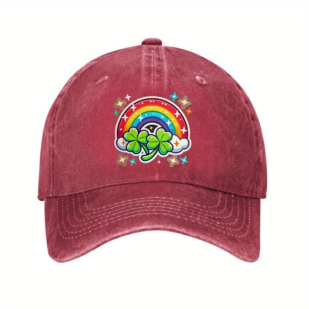 St Patricks Day Rainbow Clover Baseball Cap Distressed Denim Graphic Print Casual Adjustable Hat