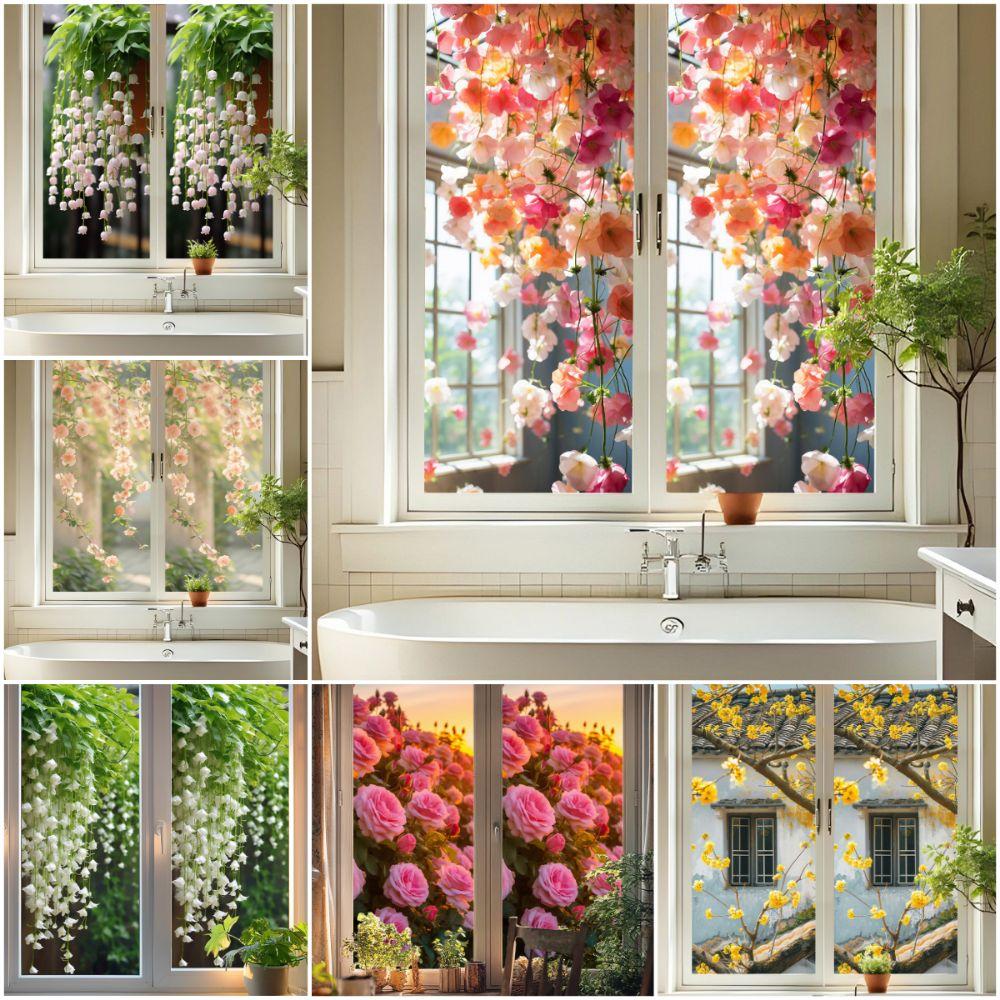 Multicolor Window Static Sticker Vivid Flower Green Leaves Glass Decals Rose Lily PVC Electrostatic Film Bathroom Stickers