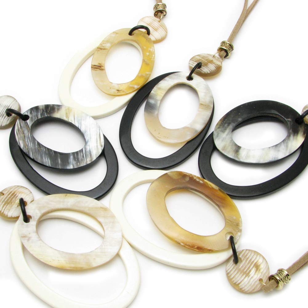 Necklace Natural Material Buffalo Horn Oval Leather KN48023 Part [Fragrant Day] (Acrylic Color Black)