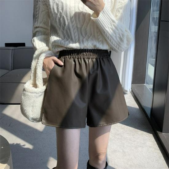 

Женские шорты цвета хаки с высокой посадкой из ПУ кожи - Осень 2025 Повседневные А-силуэта с широкими штанинами шорты-бути XL хаки