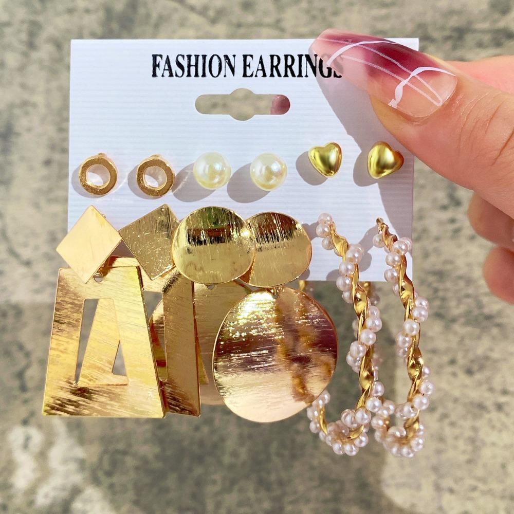6 Pair Gold Vintage Geometry Pearl Earrings Set Metal Twine Square Dangle Earrings