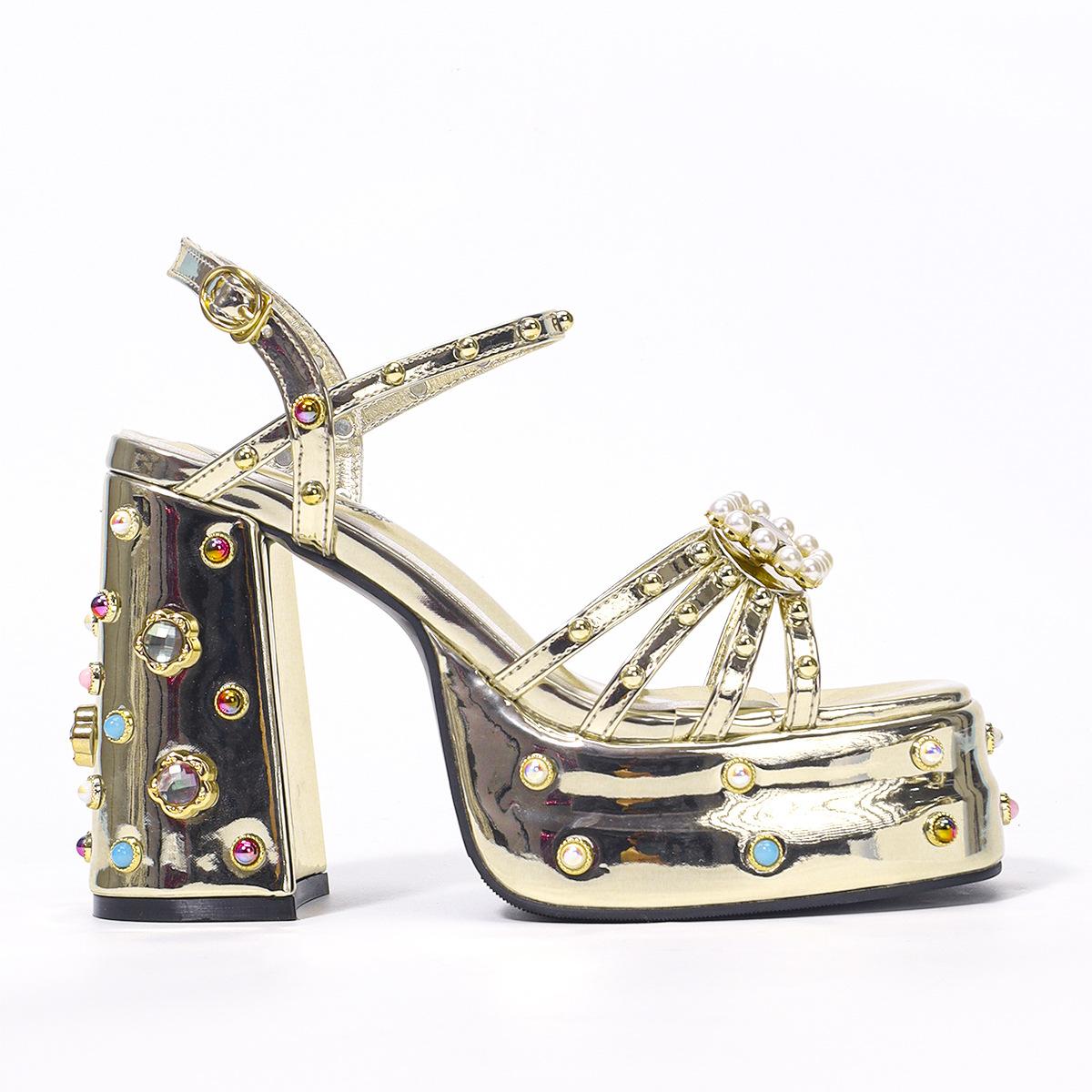 

Fashion Black Punk Platform High - Heel Sandals | Pearl, Rhinestone & Rivet - Decorated Edgy Style 35 золотой