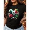 European Sizes Women'S Green Floral Mexican Rose Heart Patriotic Mexican Flag Travel Latin Gift Creative Print Casual Short Sleeve Round Neck T-Shirt