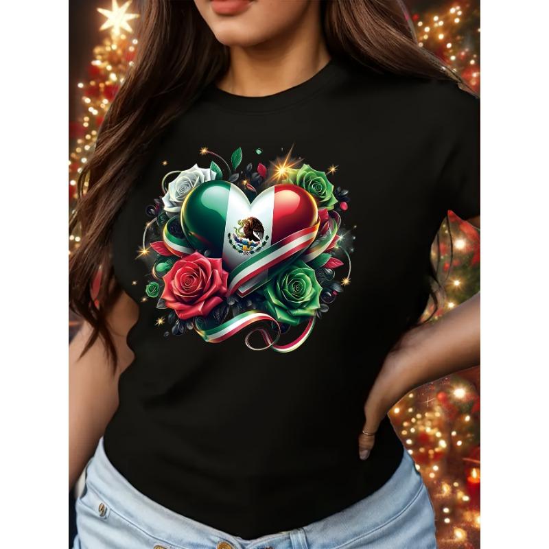 

European sizes Women S Green Floral Mexican Rose Heart Patriotic Mexican Flag Travel Latin Gift Creative Print Casual Short Sleeve Round Neck T-Shirt 4XL чорний