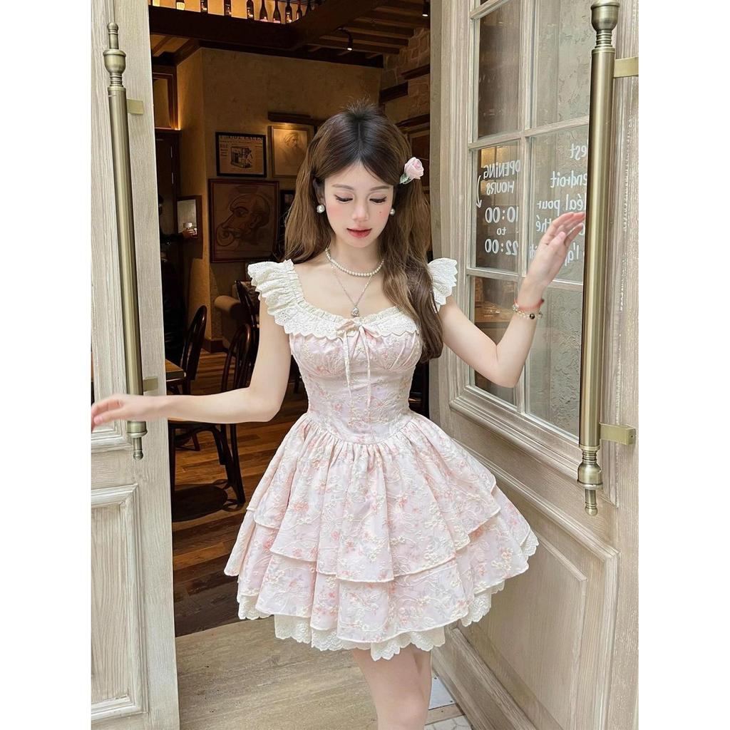 New Arrival: French Floral Princess Mini Dress with Puffy Skirt and Flutter Sleeves