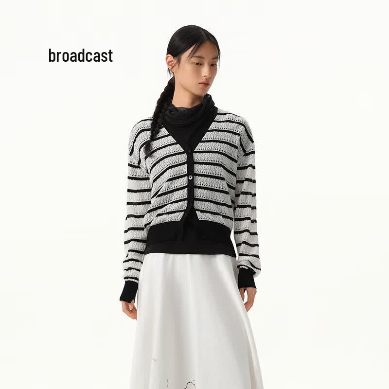 Broadcast Women s Casual Loose V-Neck Long Sleeve Striped Knit Cardigan S