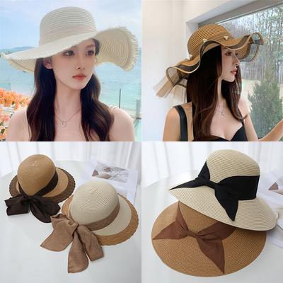 Sommer neue Hut Damen Band Schleife breite Krempe Strohhut Outdoor Reise Sonnenhut Strand Sonnenhut