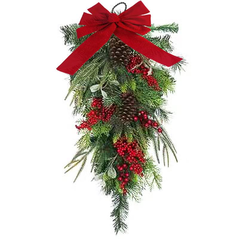 Upside Down Teardrop Christmas Tree Ornament with Bow, Red Berries, and Flocked PE Garland
